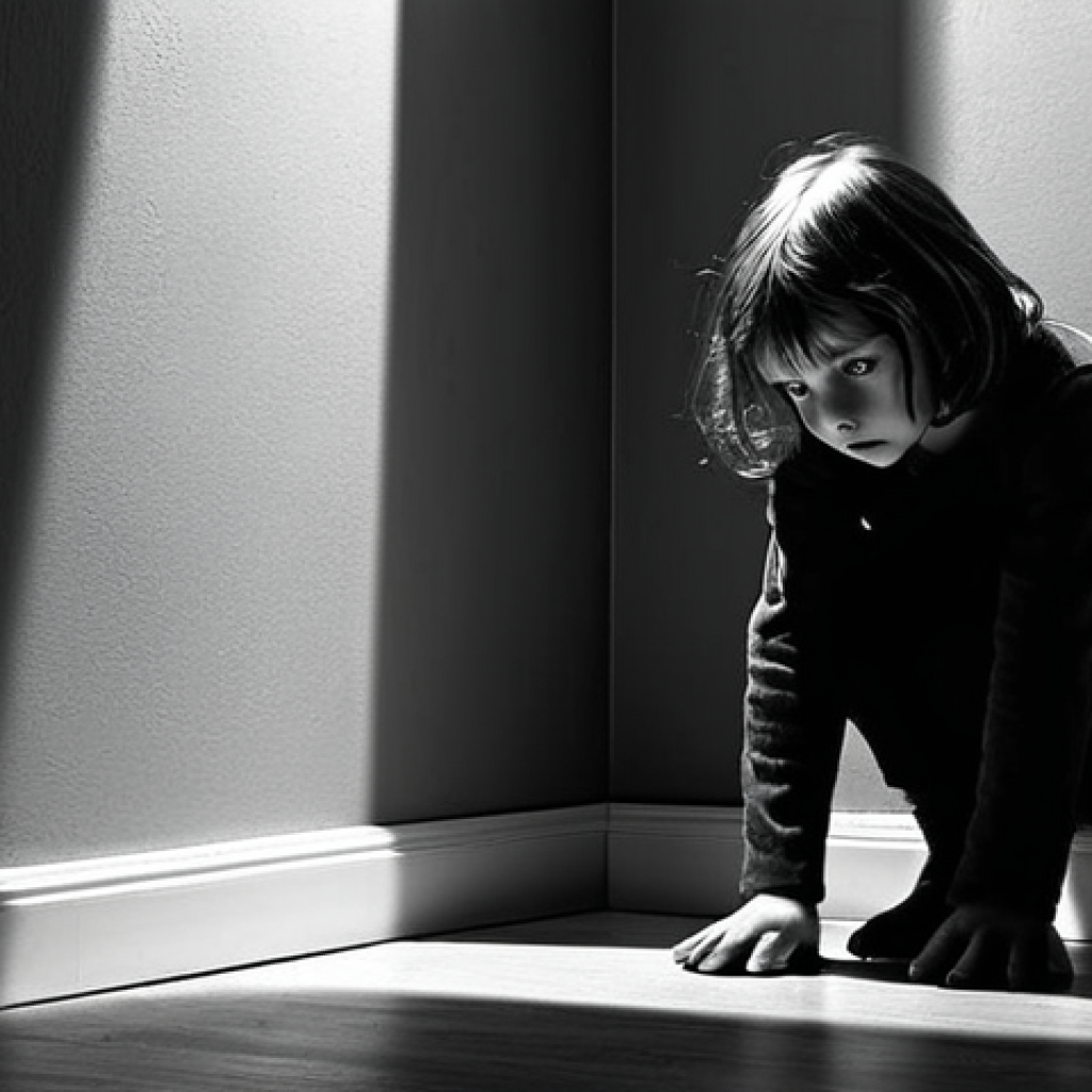 **A stark, black and white image depicting a child cowering in a corner, the shadow of a large, menacing figure looming over them. The scene should convey a sense of fear and vulnerability, symbolizing the traumatic childhoods often associated with serial killers.**