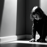 **A stark, black and white image depicting a child cowering in a corner, the shadow of a large, menacing figure looming over them. The scene should convey a sense of fear and vulnerability, symbolizing the traumatic childhoods often associated with serial killers.**