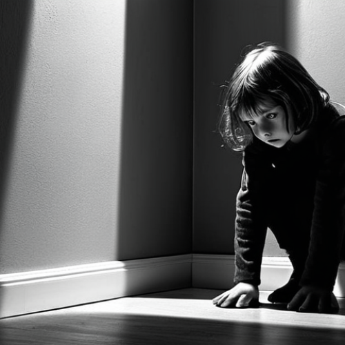 **A stark, black and white image depicting a child cowering in a corner, the shadow of a large, menacing figure looming over them. The scene should convey a sense of fear and vulnerability, symbolizing the traumatic childhoods often associated with serial killers.**