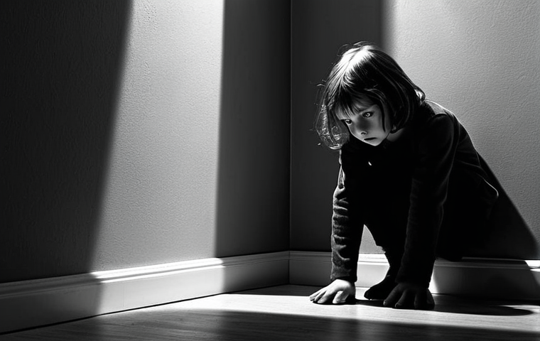 **A stark, black and white image depicting a child cowering in a corner, the shadow of a large, menacing figure looming over them. The scene should convey a sense of fear and vulnerability, symbolizing the traumatic childhoods often associated with serial killers.**